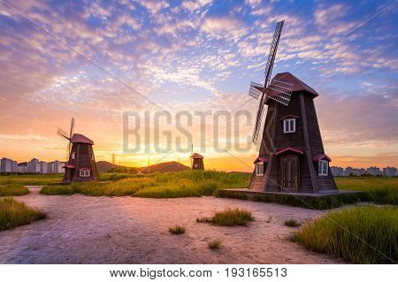 Beautiful Landscape And Traditional Windmills, Incheon South Korea, Sorae Ecology Wetland Park