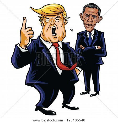 Donald Trump and Barack Obama. Cartoon Caricature Vector Illustration Drawing. June 29, 2017