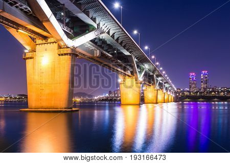 Bridge In Korea And Han River, Cheongdamdaegyo Or Cheongdam Bridge In Seoul, South Korea.