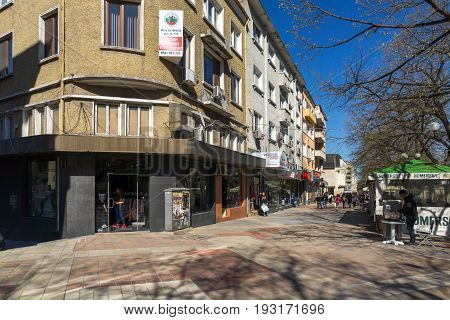SHUMEN, BULGARIA - APRIL 10, 2017:  Central pedestrian street bul. Slavyanski in city of Shumen, Bulgaria