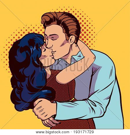 Couple kissing pop art. Realationship between man and woman. Vector illustration in comic style.