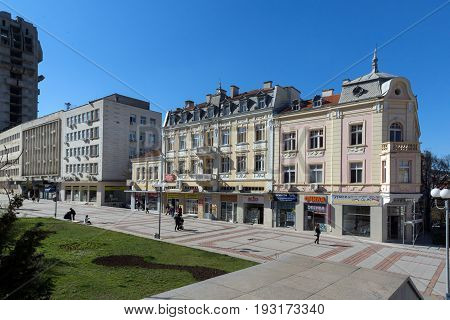 SHUMEN, BULGARIA - APRIL 10, 2017:  Central pedestrian street bul. Slavyanski in city of Shumen, Bulgaria
