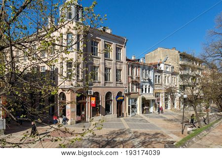 SHUMEN, BULGARIA - APRIL 10, 2017:  Central pedestrian street bul. Slavyanski in city of Shumen, Bulgaria