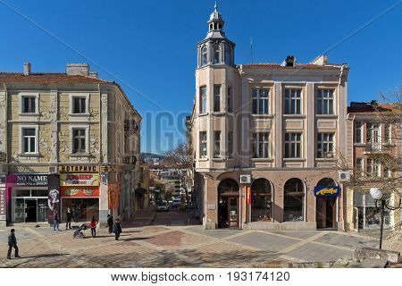 SHUMEN, BULGARIA - APRIL 10, 2017:  Central pedestrian street bul. Slavyanski in city of Shumen, Bulgaria