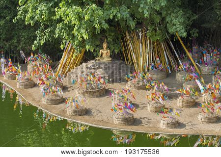 Sonkran festival ,religion flag pinned on sand pagoda in Phan-Tao temple , Chiang mai Thailand.