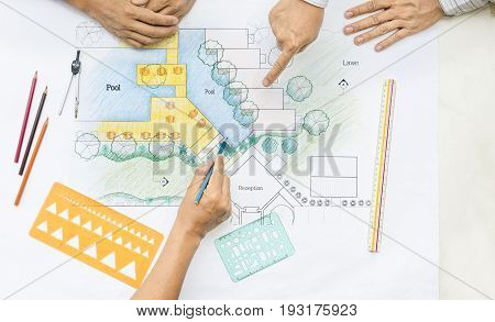 Landscape architect Design hotel resort plan meeting with client