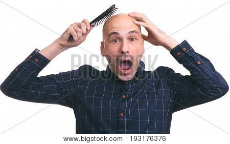 Hair Loss Concept. Shocked Bald Man
