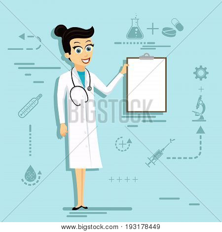 Doctor woman in lab coat holding blank clipboard. Stock vector cartoon illustration.