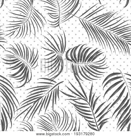 Seamless hand drawn tropical pattern with areca leaves jungle exotic leaf in black and white color on polka dot background. Fashion textile print summer floral wallpaper. Vector illustration