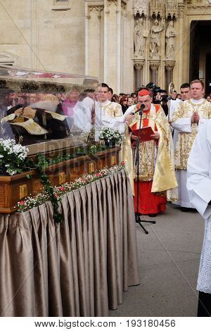 ZAGREB, CROATIA - APRIL 16: Arrival of the body of St. Leopold Mandic in Zagreb Cathedral, Croatia on April 16, 2016.
