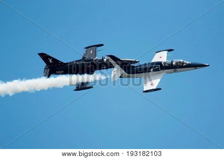Wantagh NY USA - 26 May 2017: Jets flying in formation during practice show for the air show to be held the next two days during memorial day weekend at Jones Beach NY.