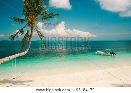 Beautiful tropical beach in Rawa island. White sandy beach seen from above. Malaysia .