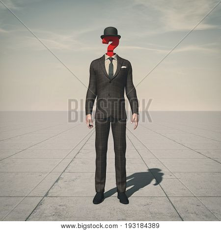 Business man with a question mark in place of head sugesting confusion. This is a 3d render illustration.