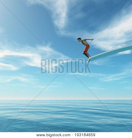 Young man jumping from trampoline into sea. This is a 3d render illustration