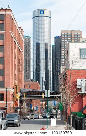 DETROIT, MI - MAY 8: View of General Motors World Headquarters where the majority of GM operations are based in downtown Detroit on May 8, 2014