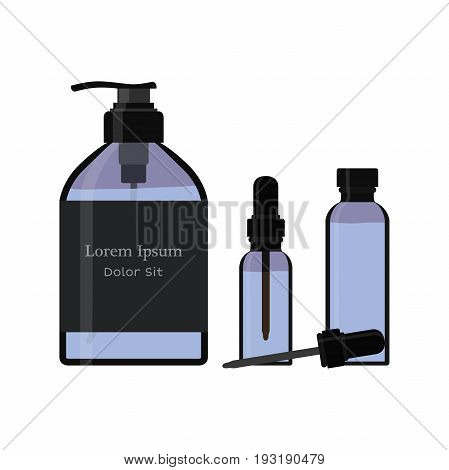 Essential oil bottle, spray. Soap pump. Cosmetic vial, flask, flacon. Container for perfume. Medical bank. Cosmetic dropper-bottle. Label, sticker