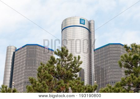 DETROIT, MI - MAY 8: View of General Motors World Headquarters where the majority of GM operations are based in downtown Detroit on May 8, 2014