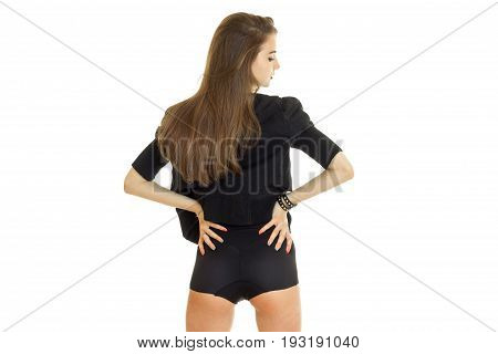 young beautiful girl in jacket and panties with sexy round ass isolated on white background