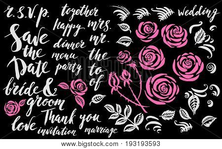 Hand drawn ink wedding set with rose flowers decor elements and lettering in pink and grey colors. Save the date leaves buds curves brush strokes.