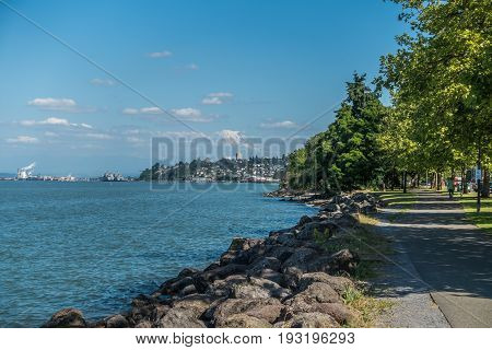 A view of the shoreline in Ruston Washington. Mount Rainier is in the distance.