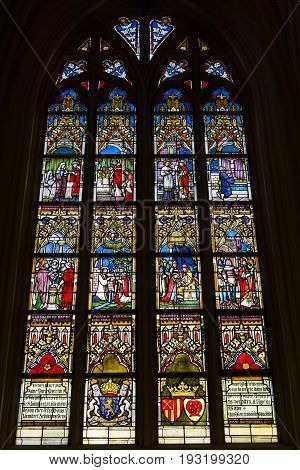 MAASTRICHT NETHERLANDS - JANUARY 16 2016: Stained glass windows of Basilica of Saint Servatius the oldest church in the Netherlands.