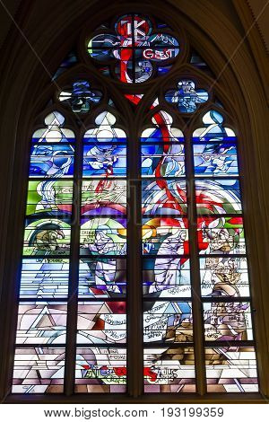 MAASTRICHT NETHERLANDS - JANUARY 16 2016: Stained glass windows of Basilica of Saint Servatius the oldest church in the Netherlands.