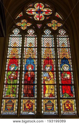 MAASTRICHT NETHERLANDS - JANUARY 16 2016: Stained glass windows of Basilica of Saint Servatius the oldest church in the Netherlands.