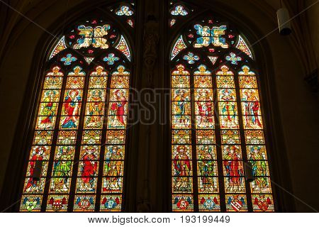 MAASTRICHT NETHERLANDS - JANUARY 16 2016: Stained glass windows of Basilica of Saint Servatius the oldest church in the Netherlands.