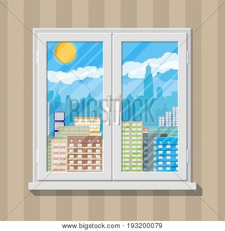 City skyline silhouette at day behind window. Skyscappers, towers, office and residental buildings. Sky, clouds and sun. Vector illustration in flat style