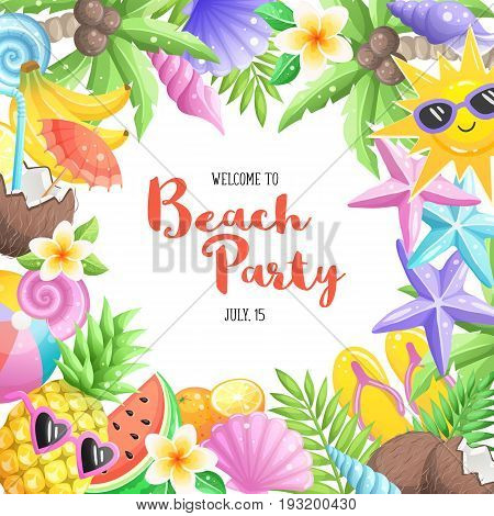 Tropical summer objects in circle composition isolated on white background. Beach party wording with colorful summer time icons. Fresh tropical fruits and cocktails icons. Seashells and starfishes.