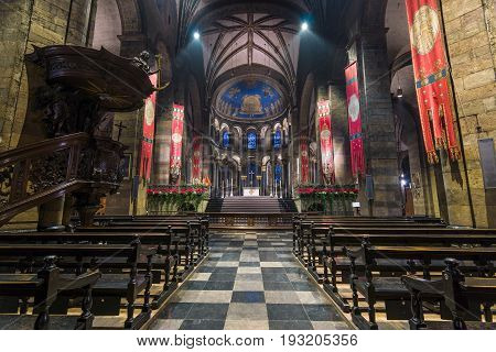MAASTRICHT NETHERLANDS - JANUARY 13 2016: Interior of Basilica of Our Lady of the Assumption. The oldest church of the Netherlands. Construction started shortly after 1000 AD.