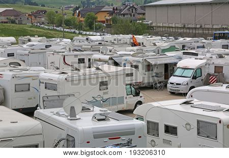 Asiago, Vi, Italy - May 27, 2017: Motorhomes In The Parking Lot Before The Cycling Race Called Giro