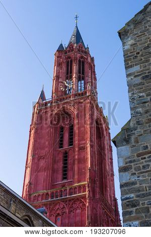 The Netherands. Maastricht. Vrijthof square. Belfry of the Evangelical Church of John the Baptist. It was built in the late 14th early 15th century.