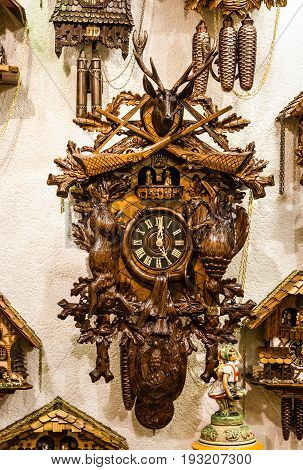 Munich, Germany - May 7, 2017: Clock. Vintage cuckoo clocks in shop Bavaria, Munich, Germany