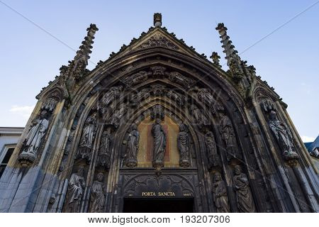 The Netherands. Maastricht. Decorative architectural elements of over the entrance to Basilica of Saint Servatius. It was built around the year 1000 AD.