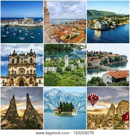 Travel collage. European landmarks. Portugal Madeira Montenegro Cappadocia Turkey Norway
