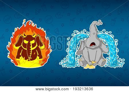 Stickers elephants. Angry, he's on fire. Sobs, big tears. Big set of stickers. Vector, cartoon