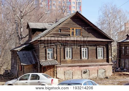 Nizhny Novgorod, Russia. - April 10.2017. The old wooden house on Malaya Yamskaya 45