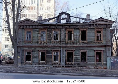 Nizhny Novgorod, Russia. - April 10.2017. The old wooden house on Malaya Yamskaya