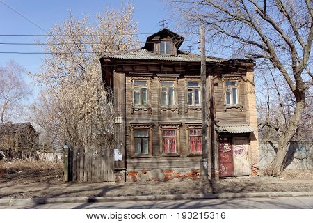 Nizhny Novgorod, Russia. - April 10.2017. The old wooden house on Malaya Yamskaya 11