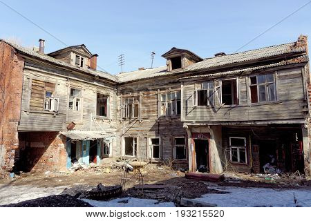 Nizhny Novgorod, Russia. - April 10.2017. The old wooden house on Malaya Yamskaya