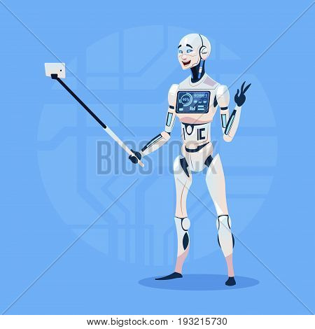 Modern Robot Taking Selfie Photo Futuristic Artificial Intelligence Technology Concept Flat Vector Illustration