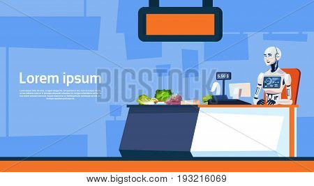 Modern Robot Shop Salesman In Supermarket Futuristic Artificial Intelligence Technology Concept Flat Vector Illustration