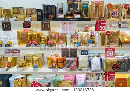 SEOUL, SOUTH KOREA - CIRCA MAY, 2017: goods on display at Tony Moly shop in Seoul. Tony Moly is a South Korean cosmetics brand