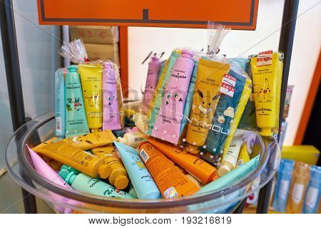 SEOUL, SOUTH KOREA - CIRCA MAY, 2017: goods on display at Tony Moly shop in Seoul. Tony Moly is a South Korean cosmetics brand