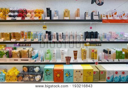 SEOUL, SOUTH KOREA - CIRCA JUNE, 2017: goods on display at Tony Moly shop in Seoul. Tony Moly is a South Korean cosmetics brand