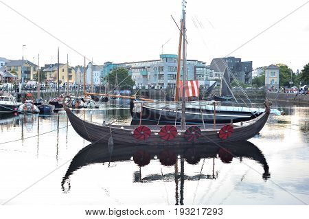 Galway Spanish Arch , Ireland June 2017,claddagh Festival , Traditional Boats ,vikings  Longboat.