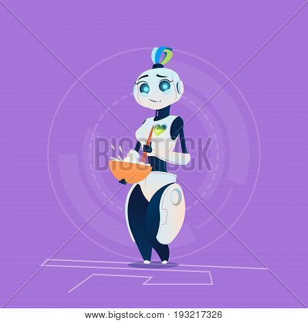 Cute Female Robot Cooking Breakfast Modern Artificial Intelligence Household Technology Concept Flat Vector Illustration