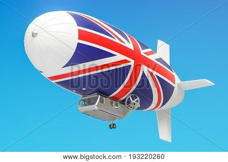 Airship or dirigible balloon with British flag 3D rendering isolated on white background
