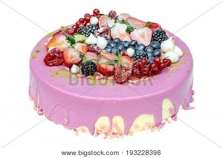 Pink cake with fruits isolated on white background